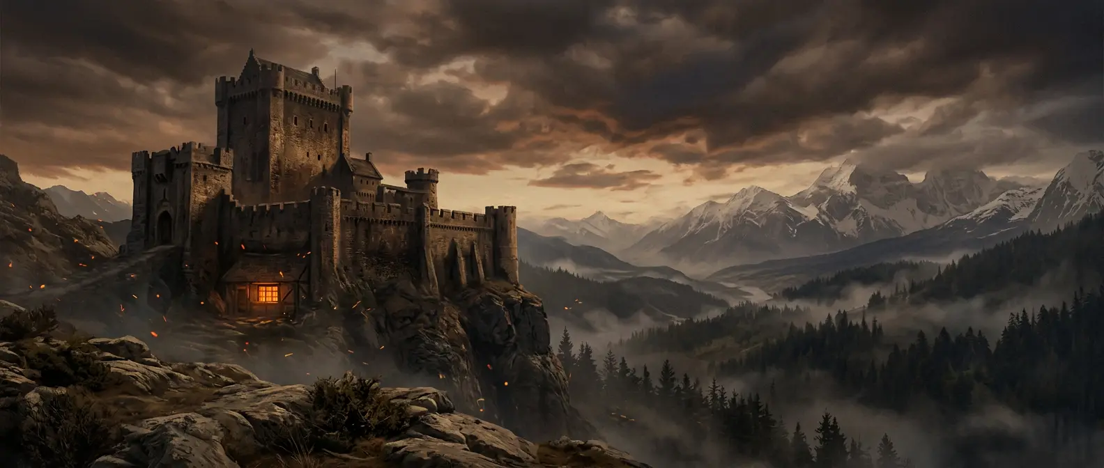 A mountain keep at dusk, one tavern window lit against the valley mist